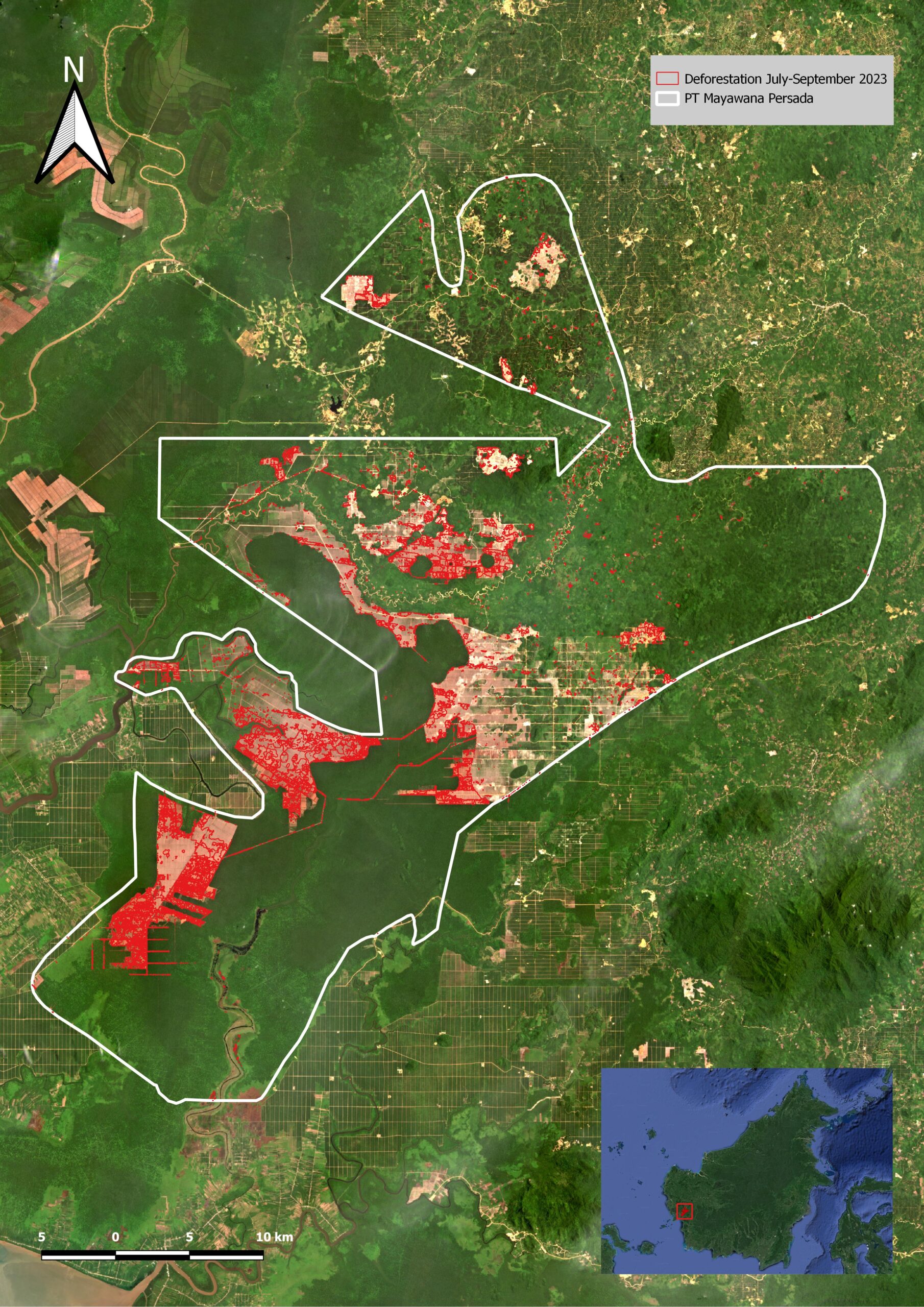 Deforestation within Mayawana Persada’s concession in West Kalimantan from July to September 2023. Image courtesy of Aidenvironment.